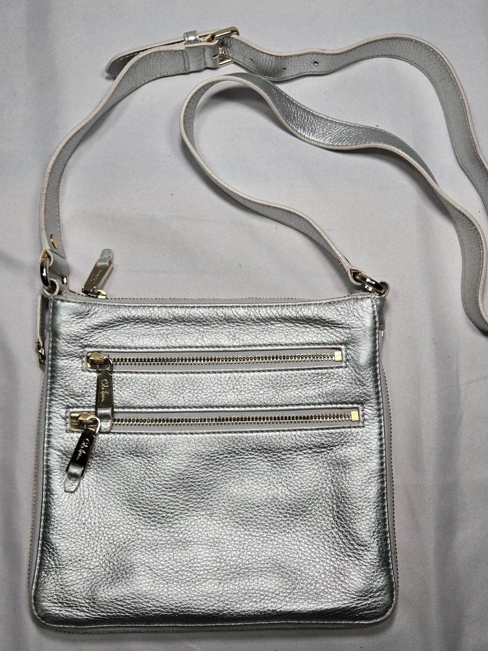 COLE HAAN Village Sheila Metallic Pebbled Leather Crossbody Silver Y2K Slim